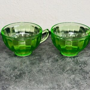 2 Fostoria Thick uranium Green Glass Teacups EXTRAORDINARY GLOW